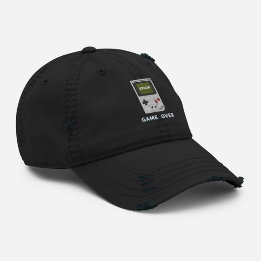 Game Over distressed dad hat in black, right front angle