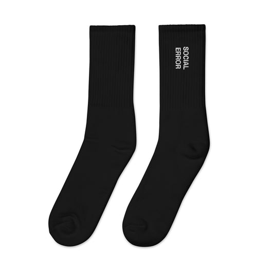 SE Classic embroidered crew socks in black, left sock detail
