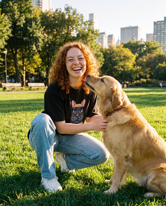Agent Dog graphic tee worn in a park with a dog
