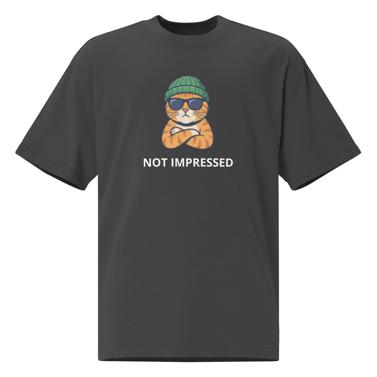 Not Impressed oversized faded tee in black, front view with unimpressed cat graphic