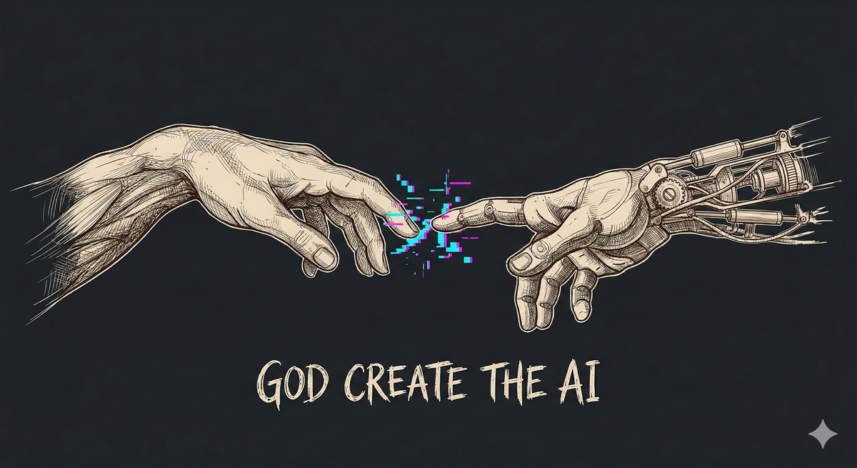God Create The AI graphic detail, human and robotic hands reaching