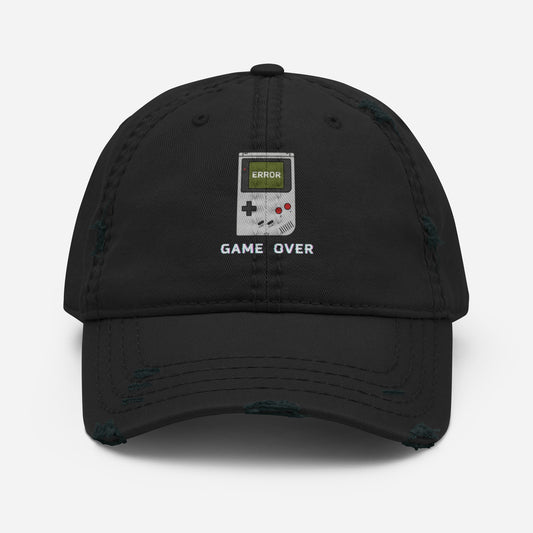 Game Over distressed dad hat in black, front view