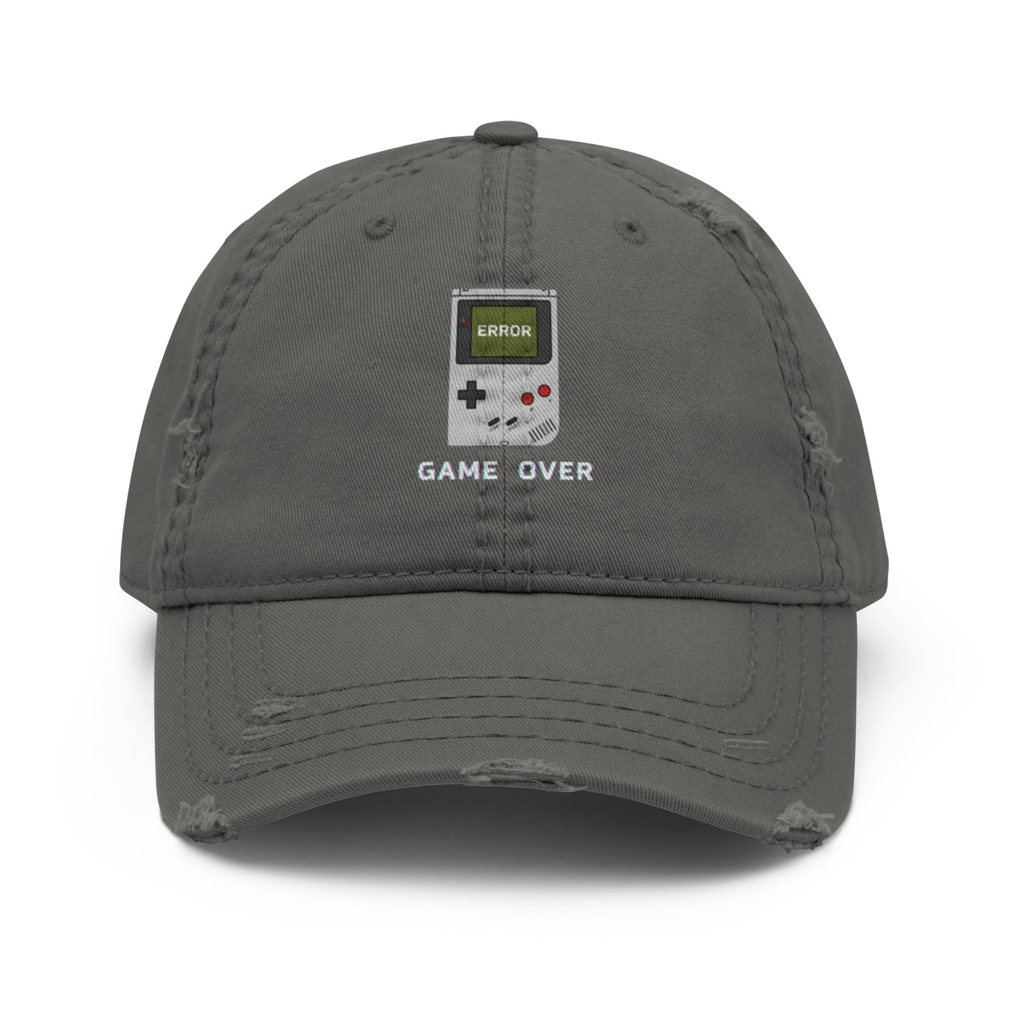 Game Over embroidered dad hat in charcoal grey, front view