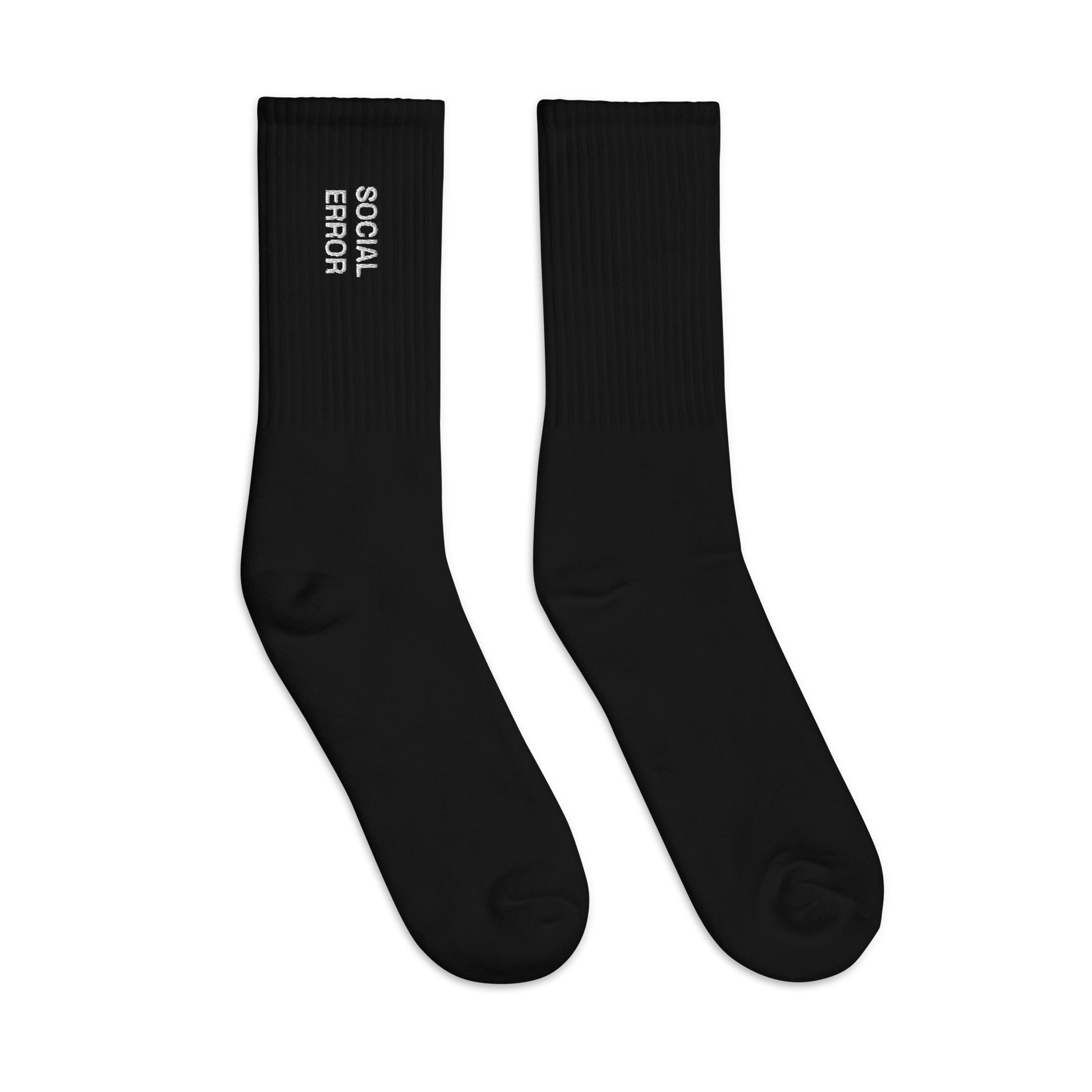 SE Classic embroidered crew socks in black, right sock detail