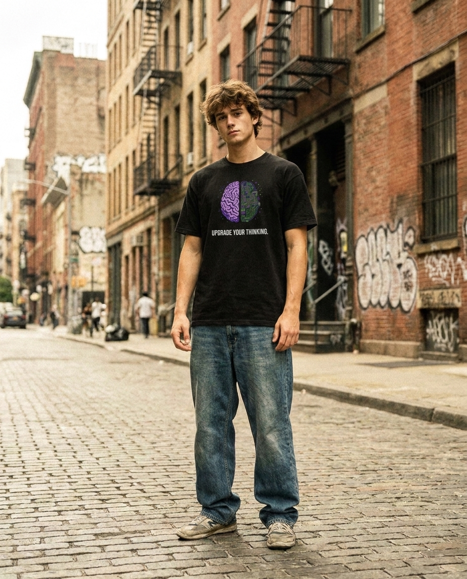 Model wearing Upgrade Your Thinking graphic tee, streetwear editorial shot