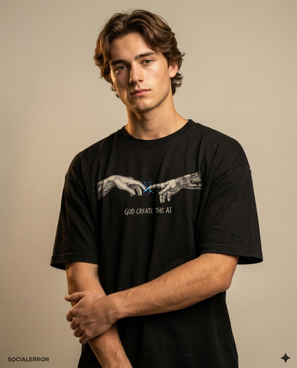 God Create The AI oversized tee lifestyle shot in urban setting