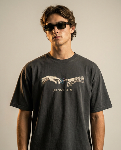 Model wearing God Create The AI oversized tee, streetwear editorial shot