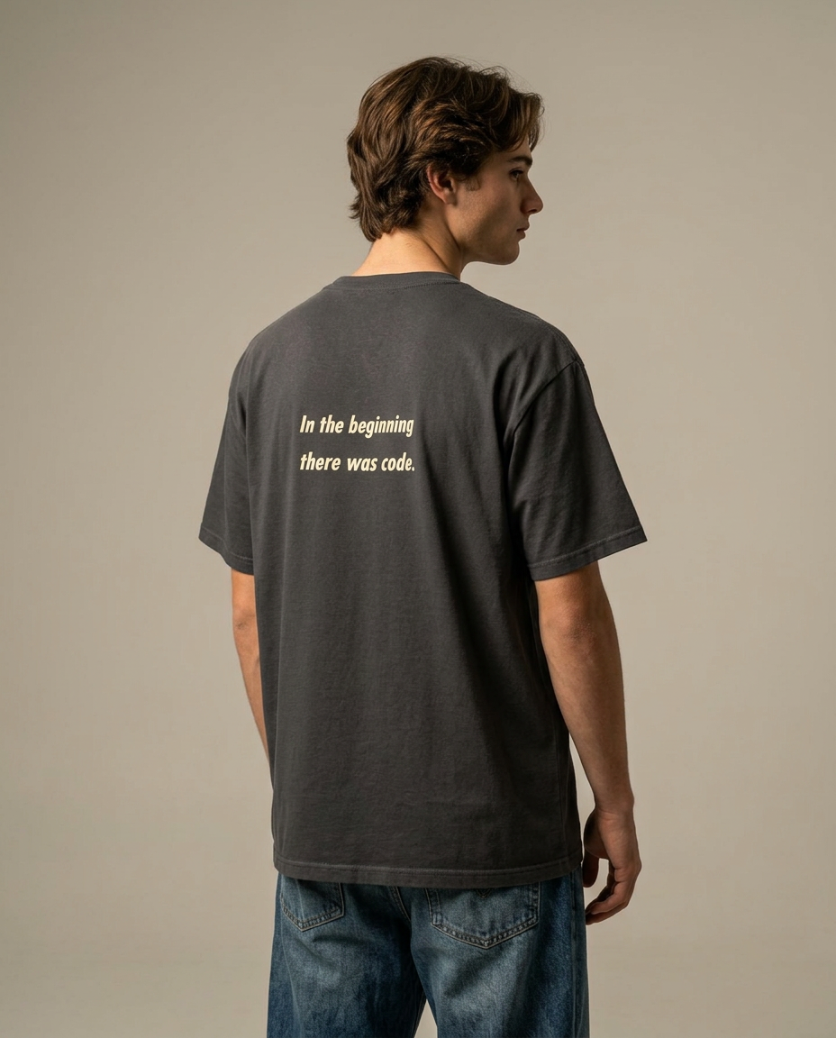 God Create The AI oversized tee worn, close-up on chest graphic print