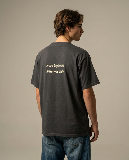 God Create The AI oversized tee worn, close-up on chest graphic print