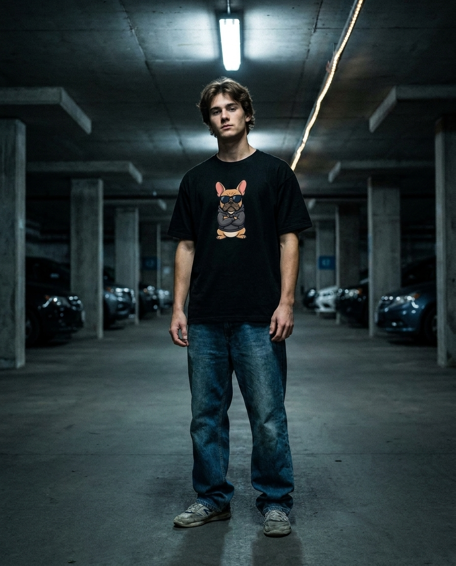 Agent Dog graphic tee lifestyle shot in urban setting
