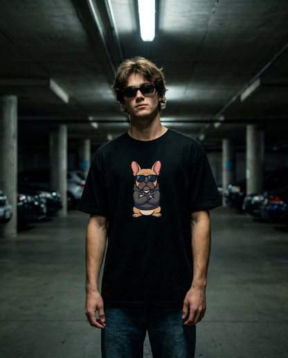 Model wearing Agent Dog graphic tee, streetwear editorial shot