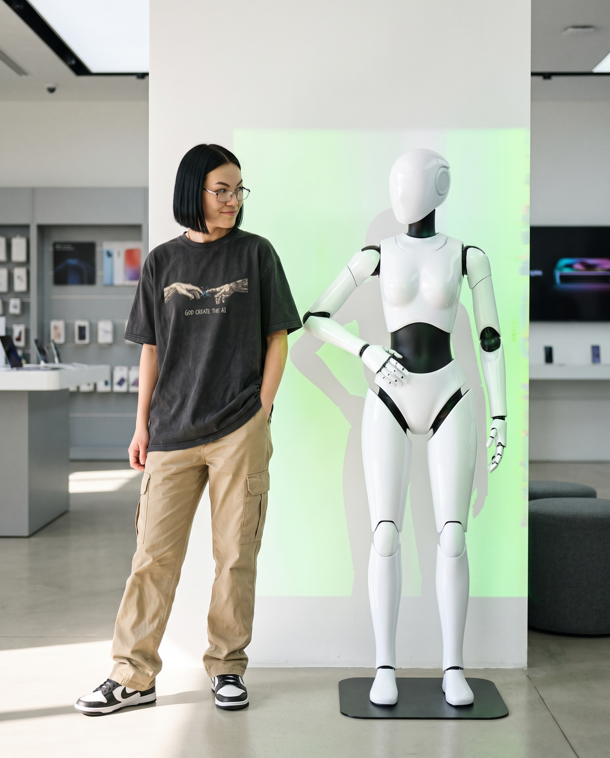 God Create The AI oversized tee worn next to a humanoid robot