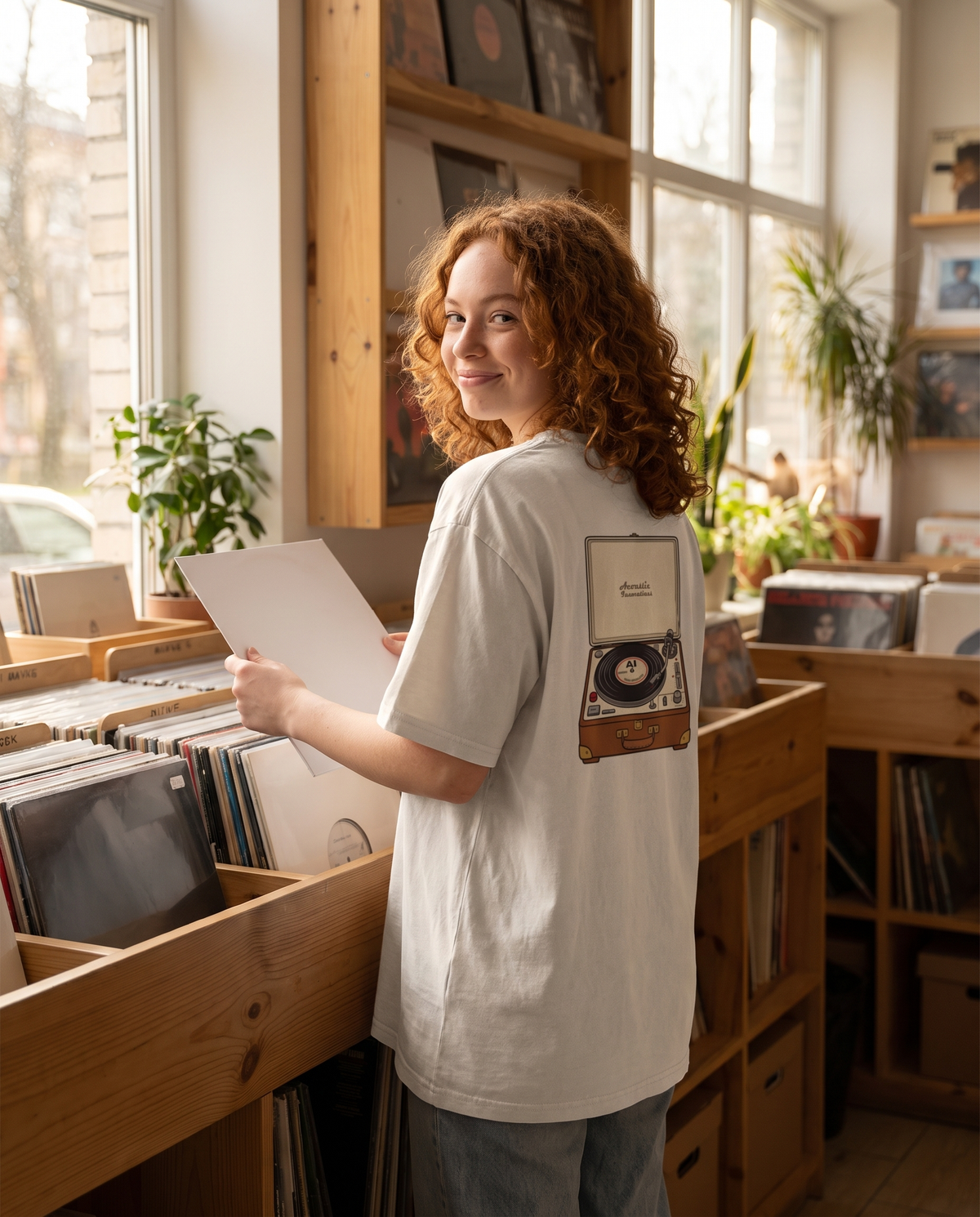 Play It Again oversized tee back print worn in a record store