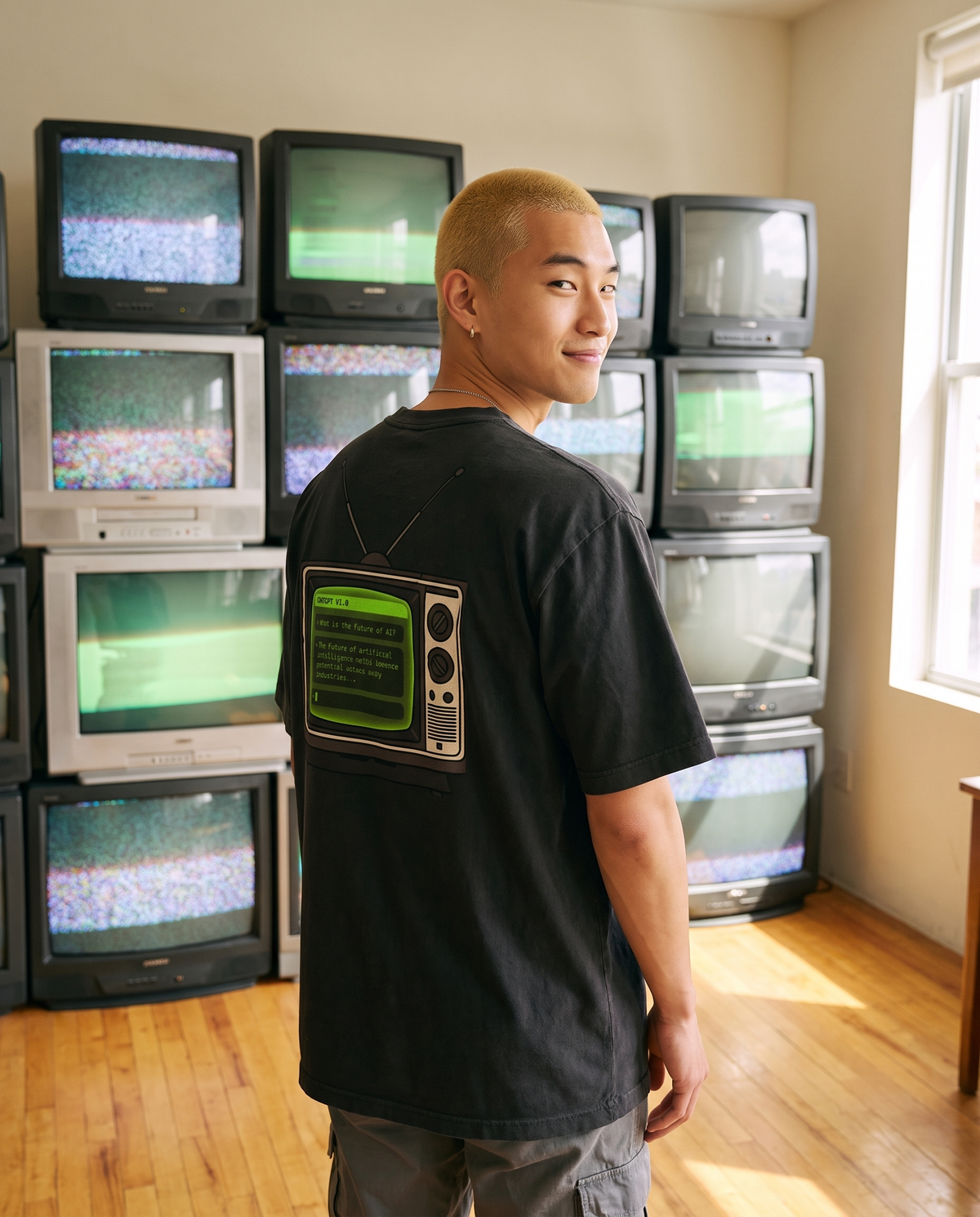 Old TV oversized tee back print worn in front of vintage TVs
