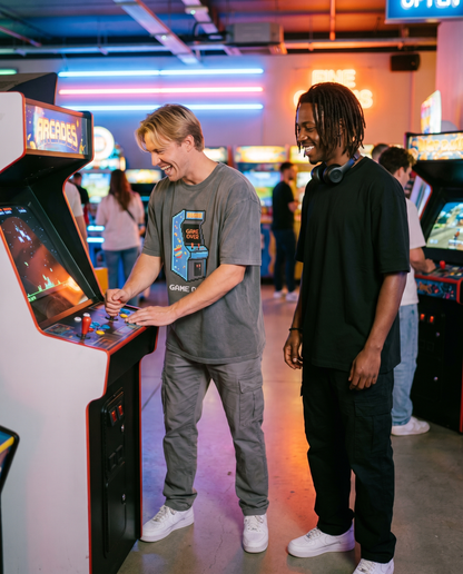 Arcade Mode oversized tee worn while playing arcade games