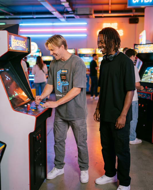 Arcade Mode oversized tee worn while playing arcade games