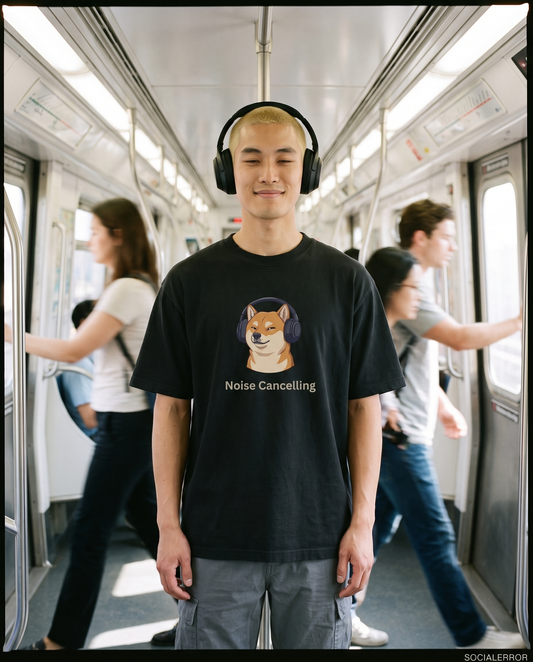 Noise Cancelling graphic tee worn on the subway with headphones