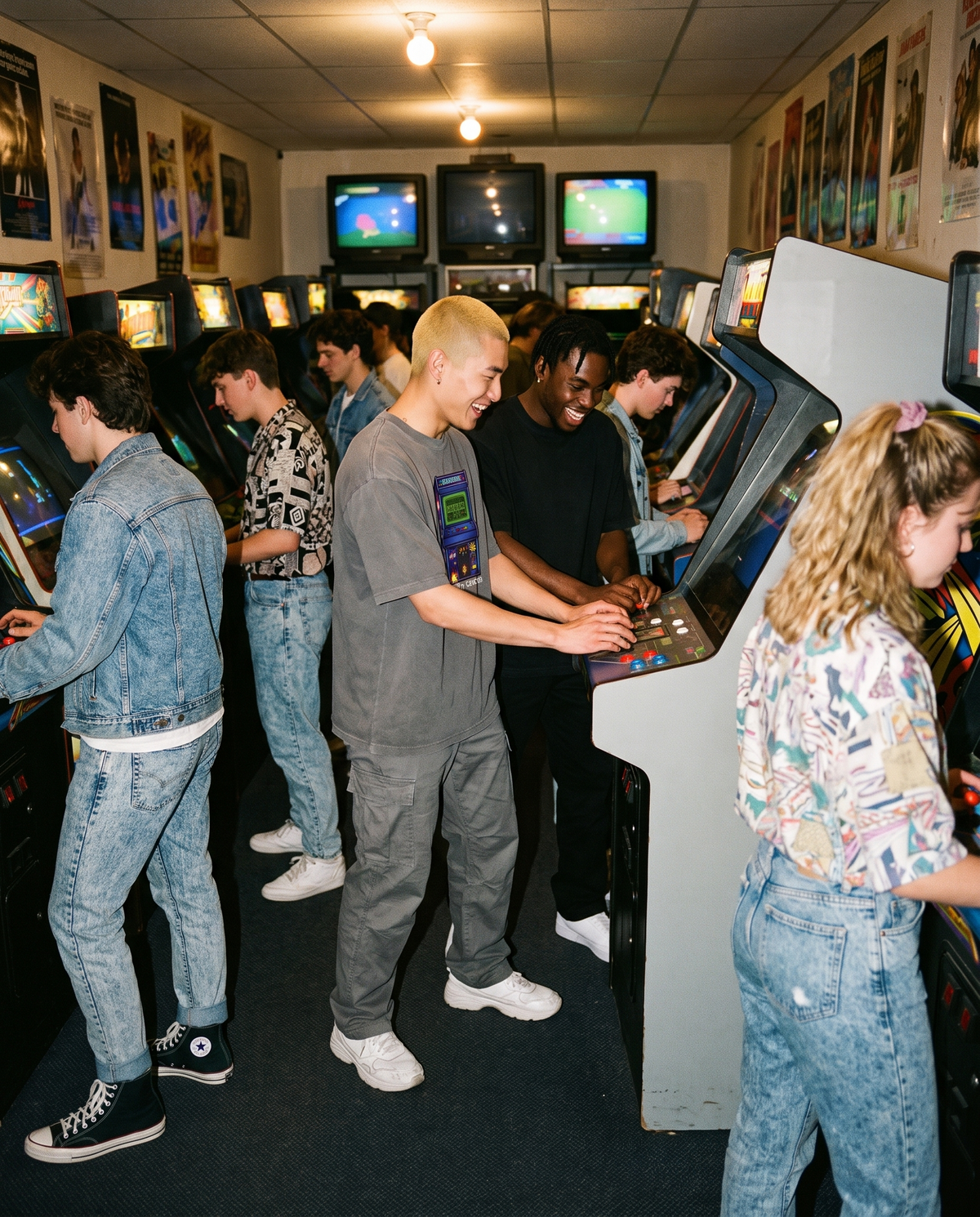 Arcade Mode oversized tee worn in a busy 1980s video arcade, vintage film photo