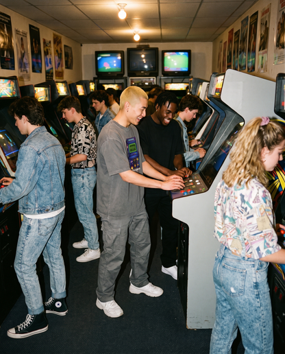 Arcade Mode oversized tee worn in a busy 1980s video arcade, vintage film photo