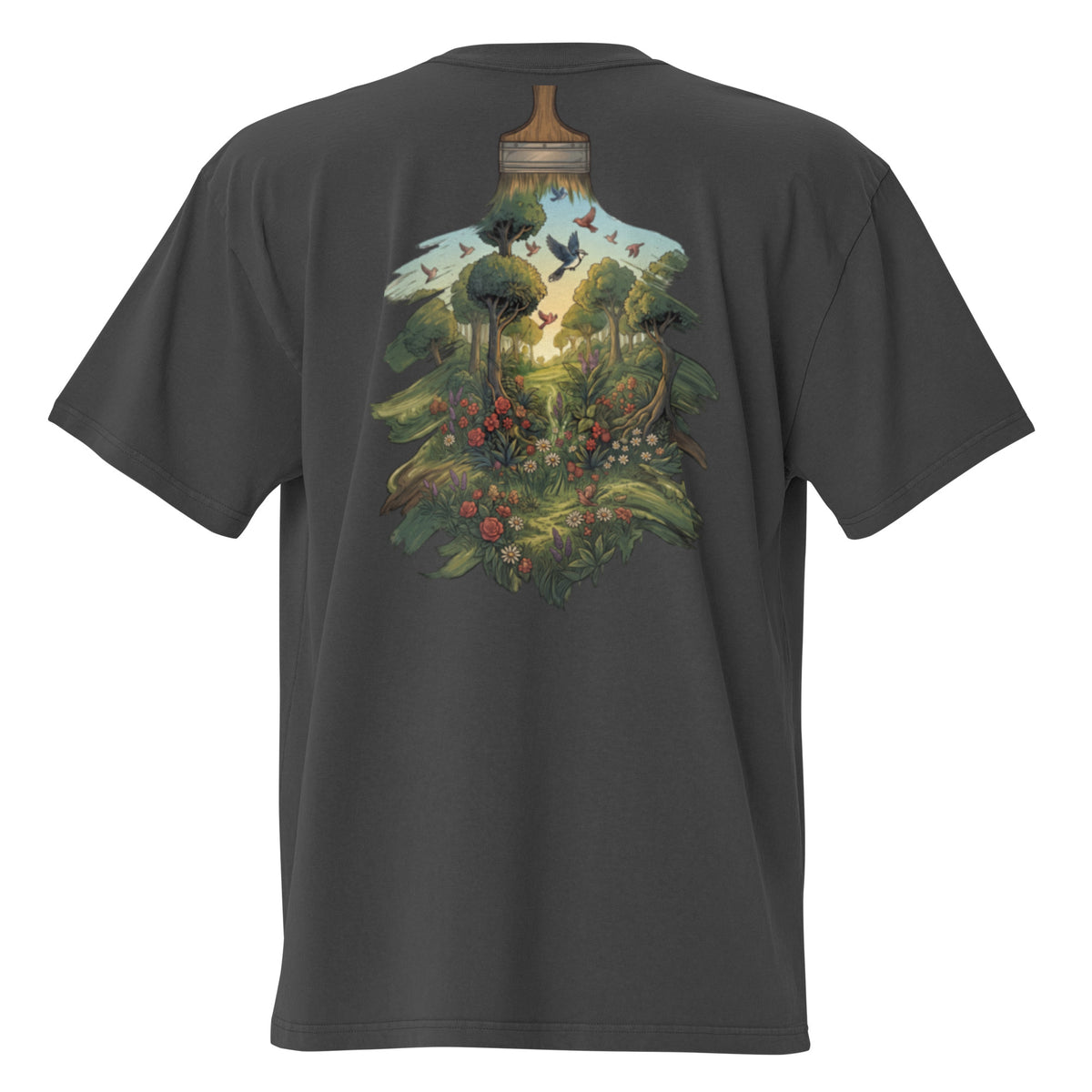 The Garden oversized faded tee in black, back view with nature meets code graphic