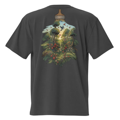 The Garden oversized faded tee in black, back view with nature meets code graphic