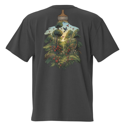 The Garden oversized faded tee in black, back view with nature meets code graphic