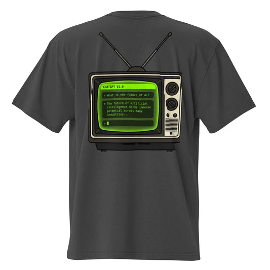 Old TV oversized faded tee in black, back view with vintage television graphic