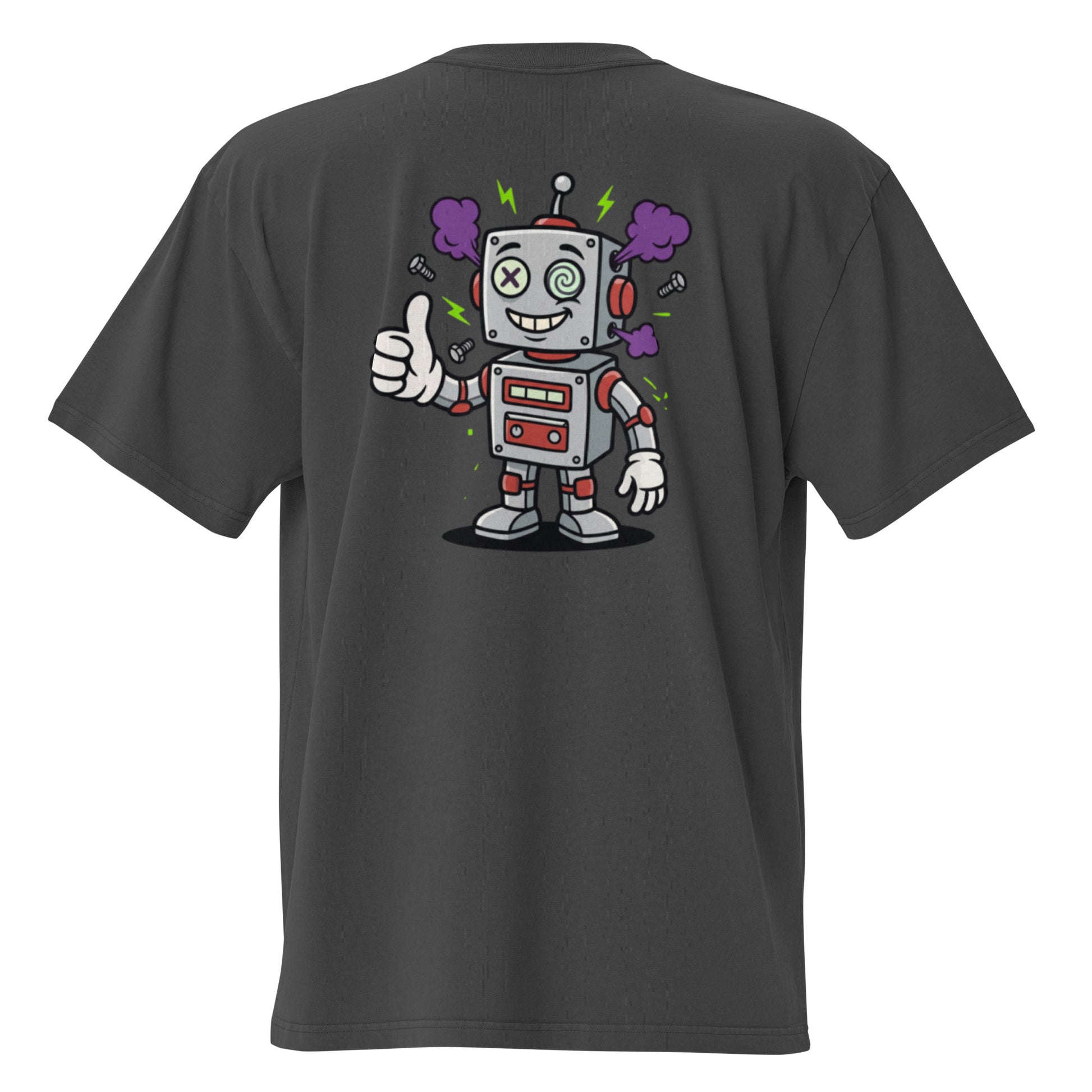 Robot oversized faded tee in black, back view with retro-futurist robot graphic