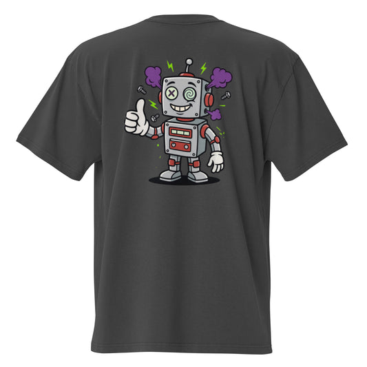 Robot oversized faded tee in black, back view with retro-futurist robot graphic