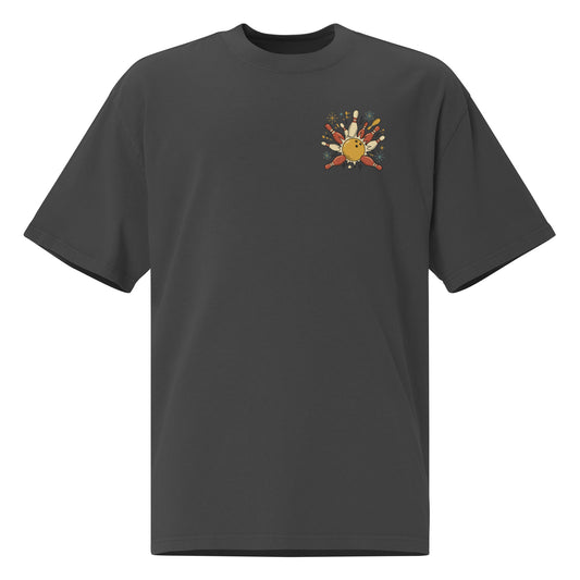 Strike oversized faded tee in black, front view with retro bowling graphic