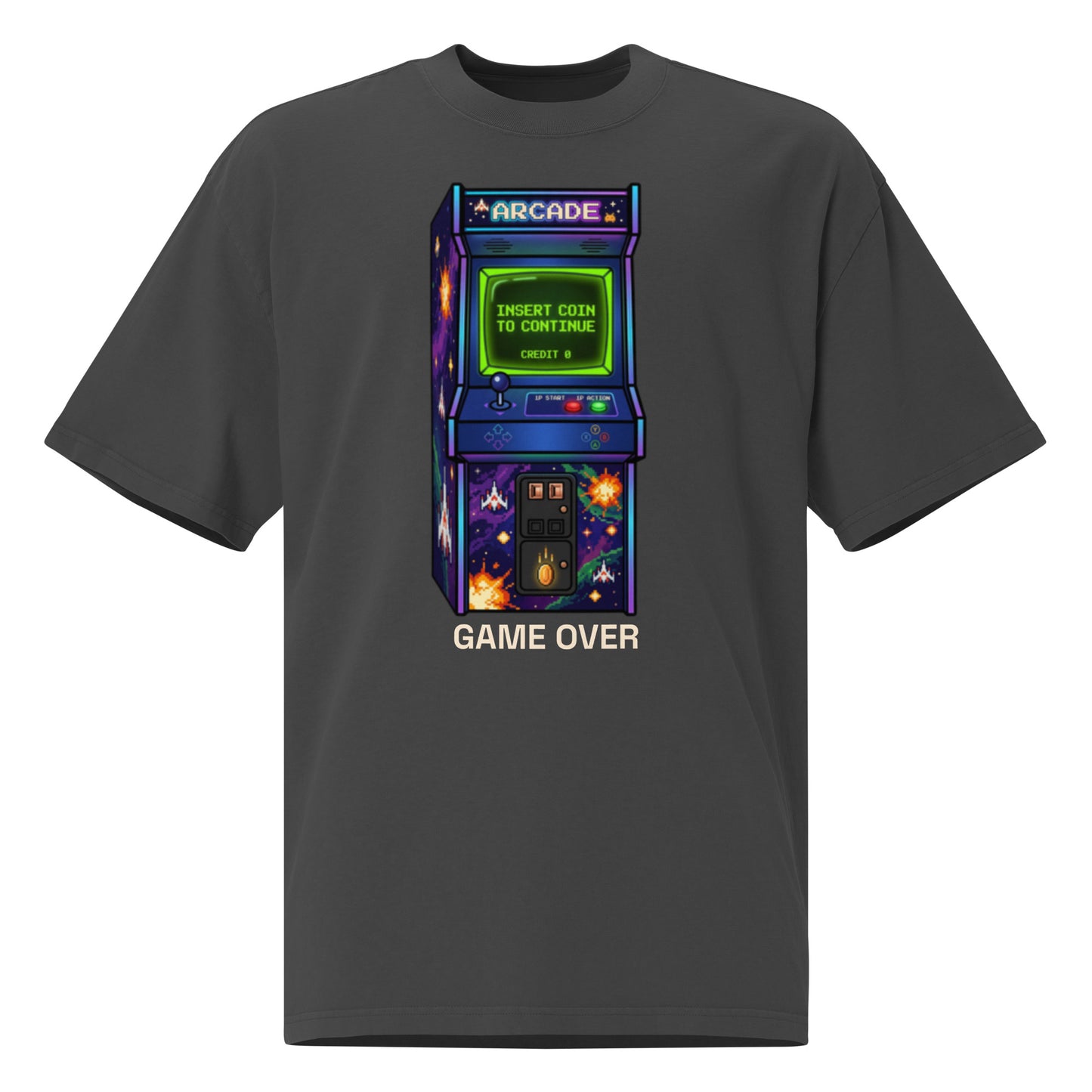 Arcade Mode oversized faded tee in black, front view