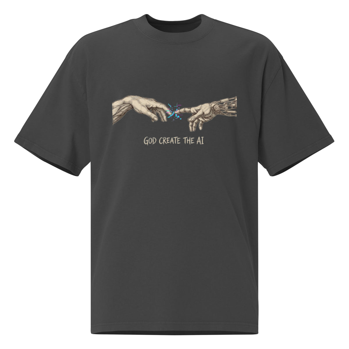 God Create The AI oversized faded tee in black, front view with human hand meeting robotic hand graphic
