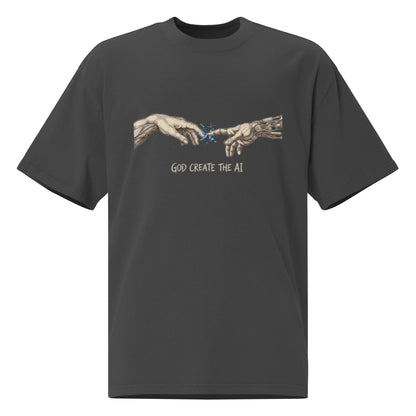 God Create The AI oversized faded tee in black, front view with human hand meeting robotic hand graphic