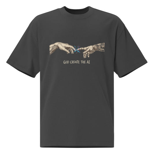God Create The AI oversized faded tee in black, front view with human hand meeting robotic hand graphic