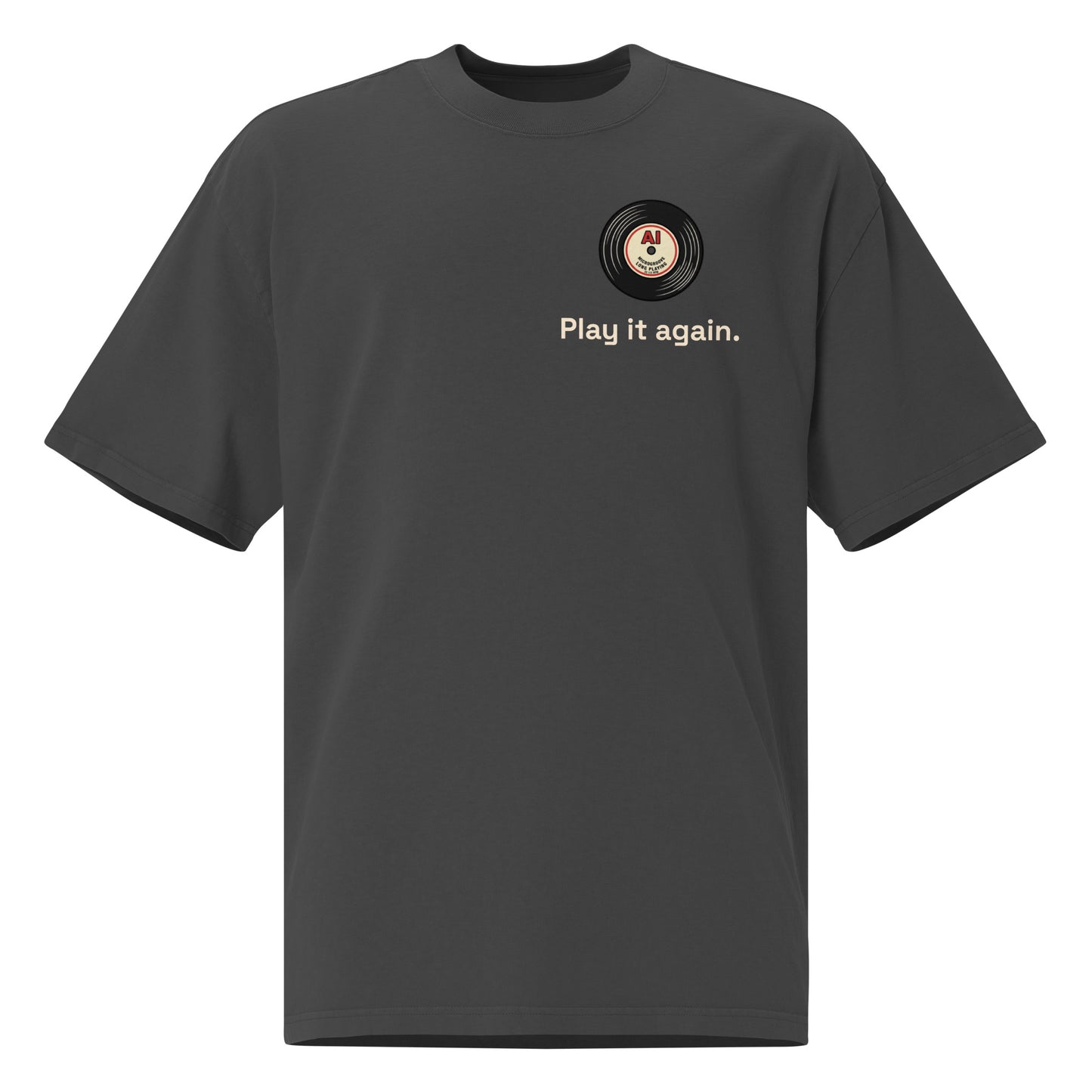 Play It Again oversized faded tee in black, front view