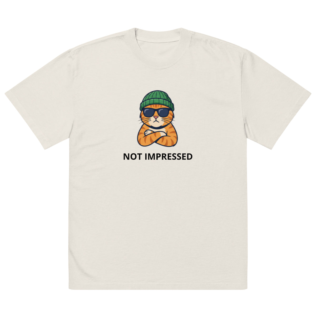 Not Impressed oversized faded tee in bone, front view with cat character graphic