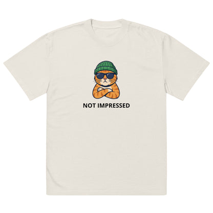 Not Impressed oversized faded tee in bone, front view with cat character graphic