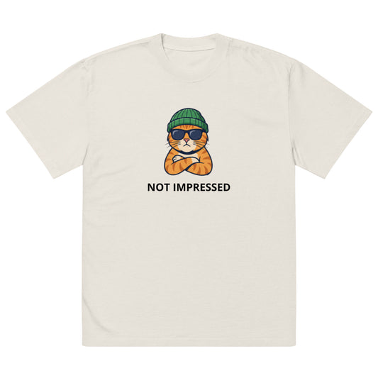 Not Impressed oversized faded tee in bone, front view with cat character graphic