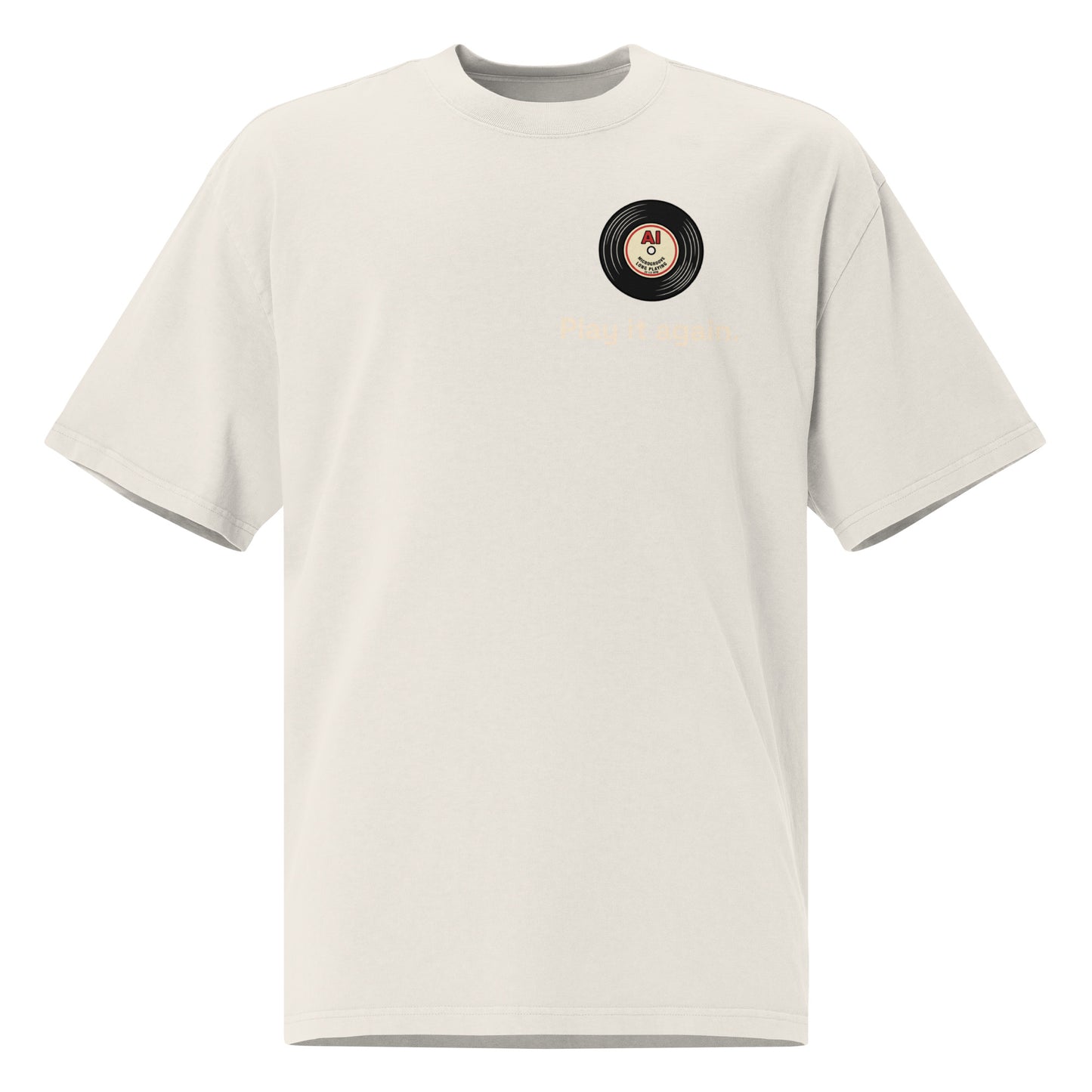 Play It Again oversized faded tee in bone, front view with retro cassette tape graphic