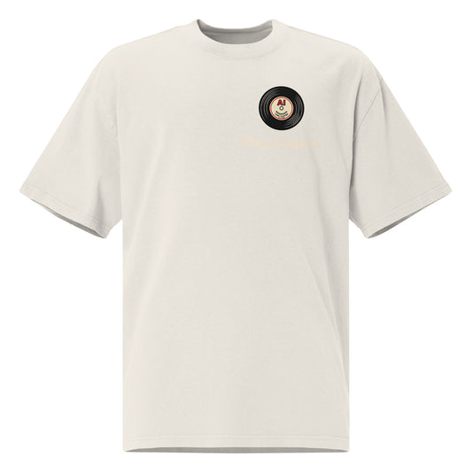 Play It Again oversized faded tee in bone, front view with retro cassette tape graphic