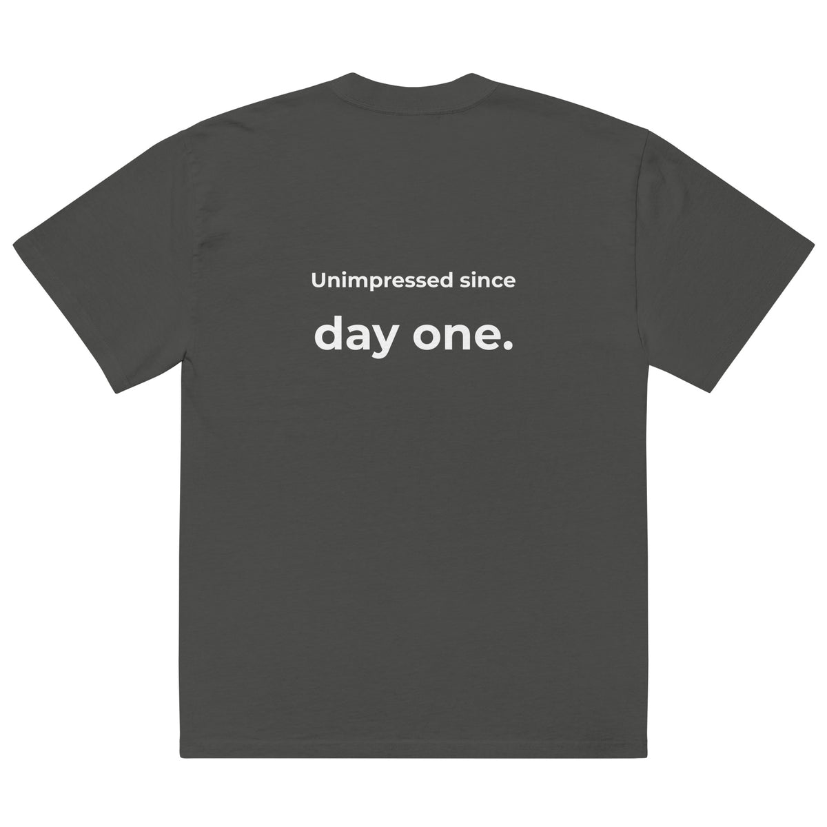 Not Impressed oversized faded tee in coal grey, back view