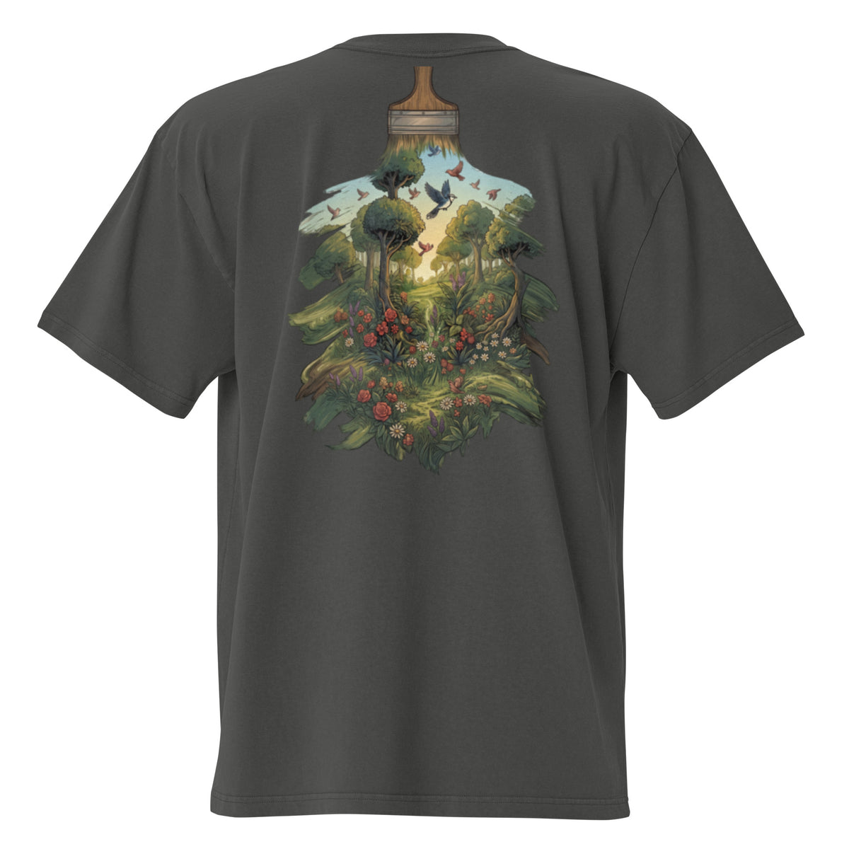 The Garden oversized faded tee in coal grey, back view