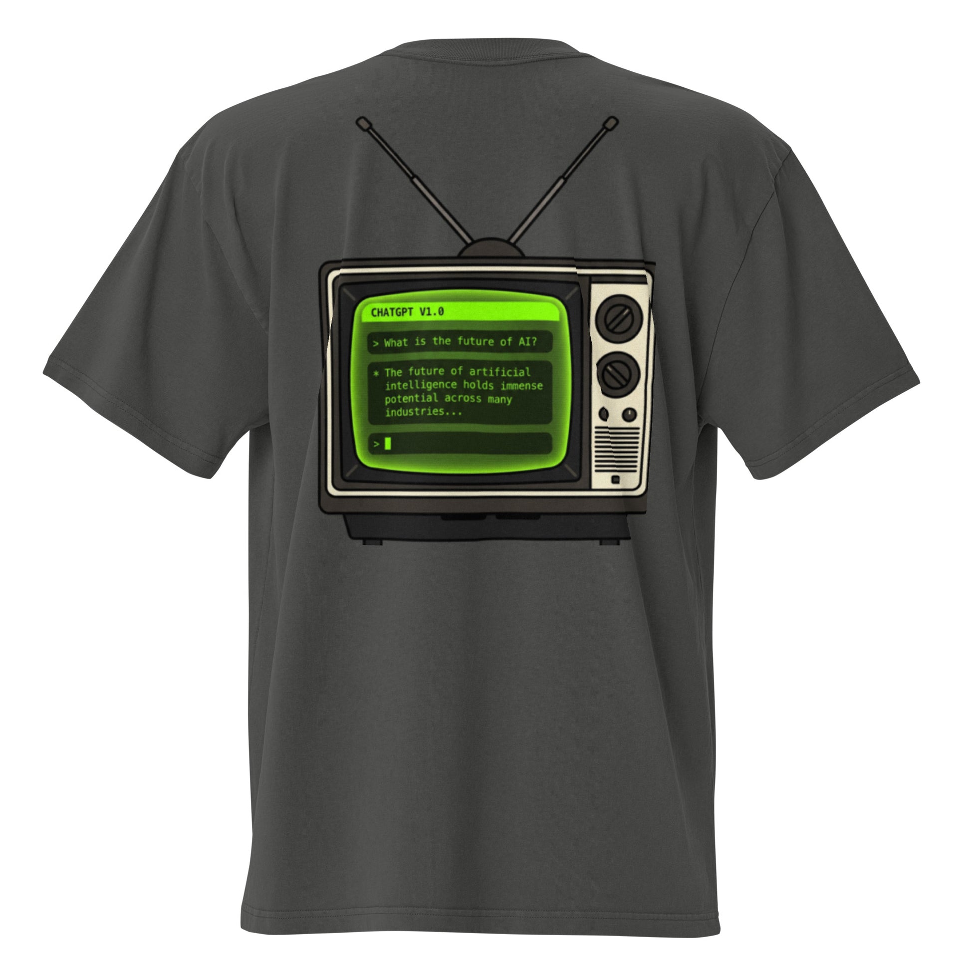 Old TV oversized faded tee in coal grey, back view
