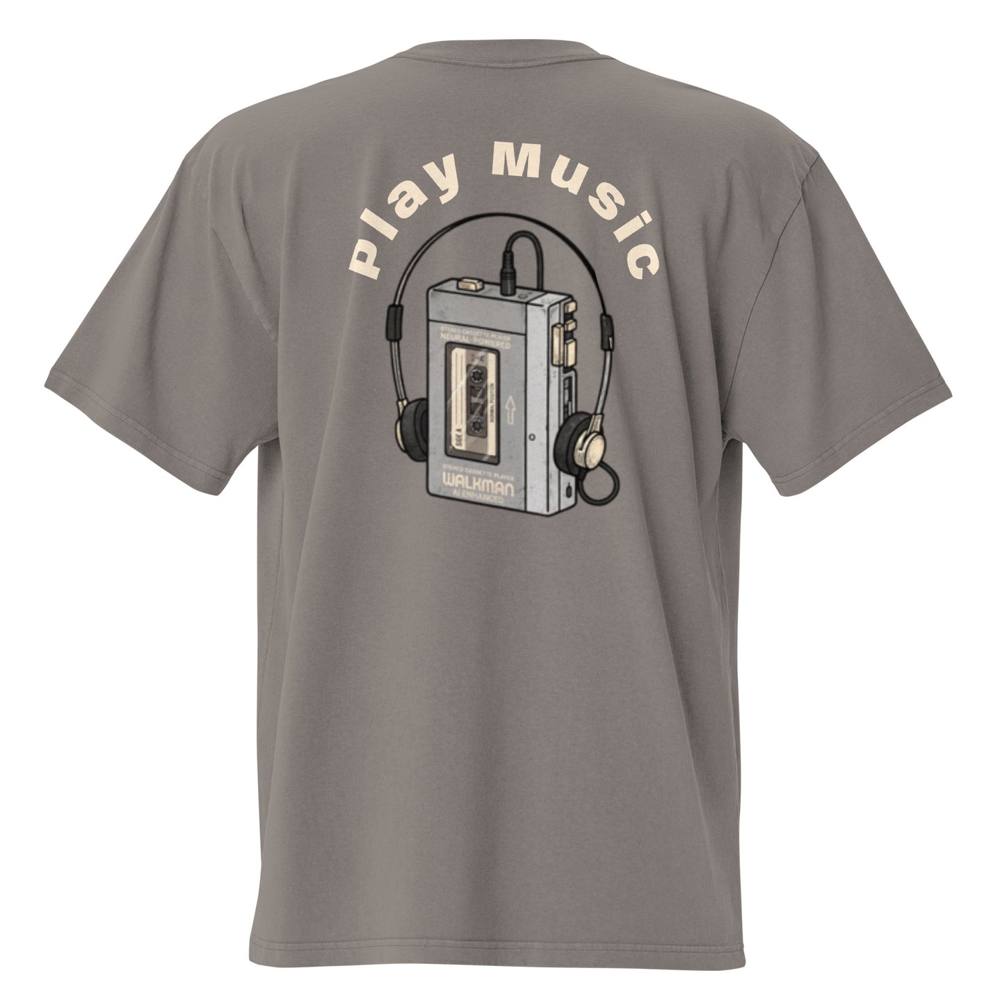 Play Music oversized faded tee in grey, back view with retro cassette player graphic