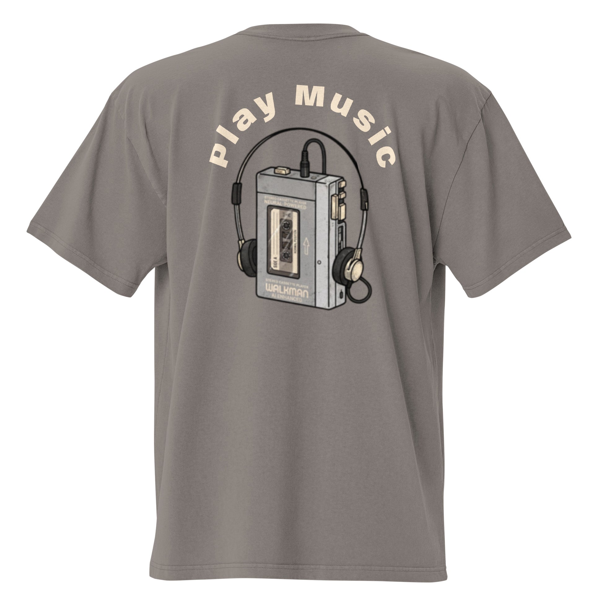 Play Music oversized faded tee in grey, back view with retro cassette player graphic