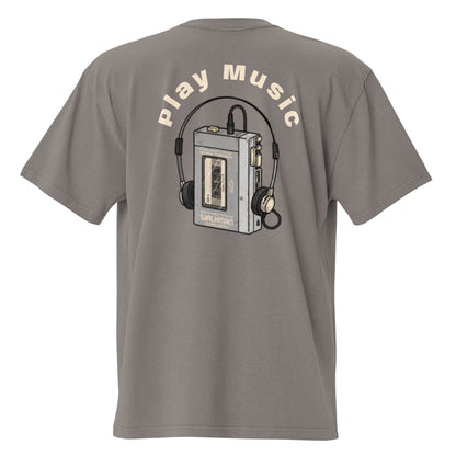 Play Music oversized faded tee in grey, back view with retro cassette player graphic