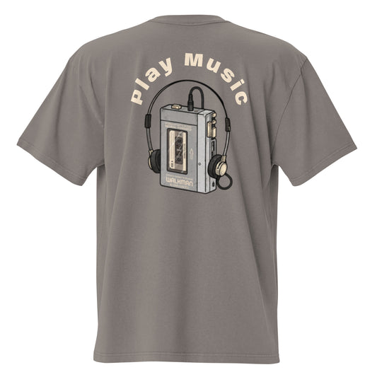 Play Music oversized faded tee in grey, back view with retro cassette player graphic