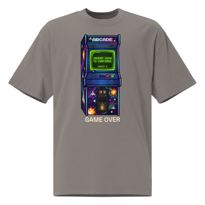 Arcade Mode oversized faded tee in grey, front view with retro arcade cabinet graphic