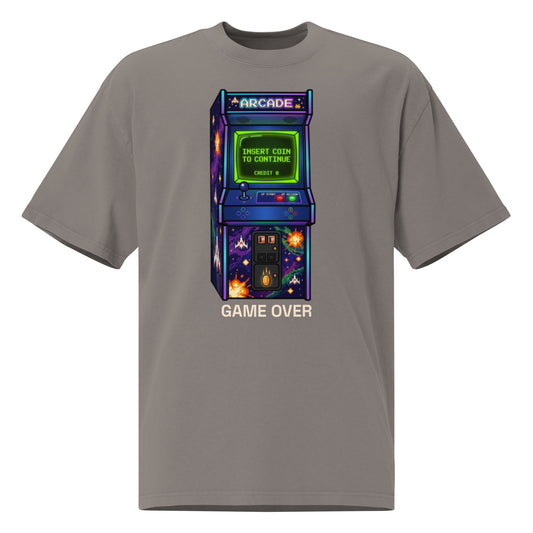 Arcade Mode oversized faded tee in grey, front view with retro arcade cabinet graphic