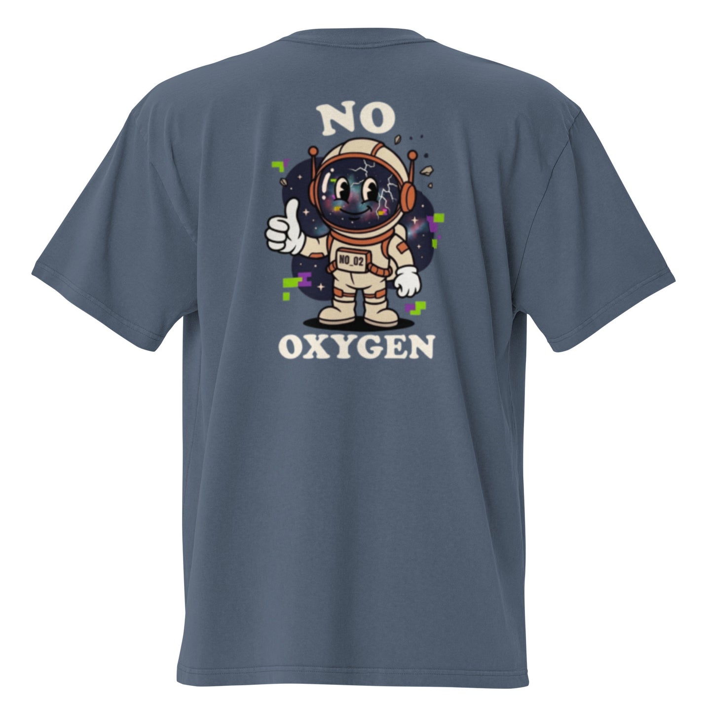 No Oxygen oversized faded tee in indigo, back view with astronaut graphic print